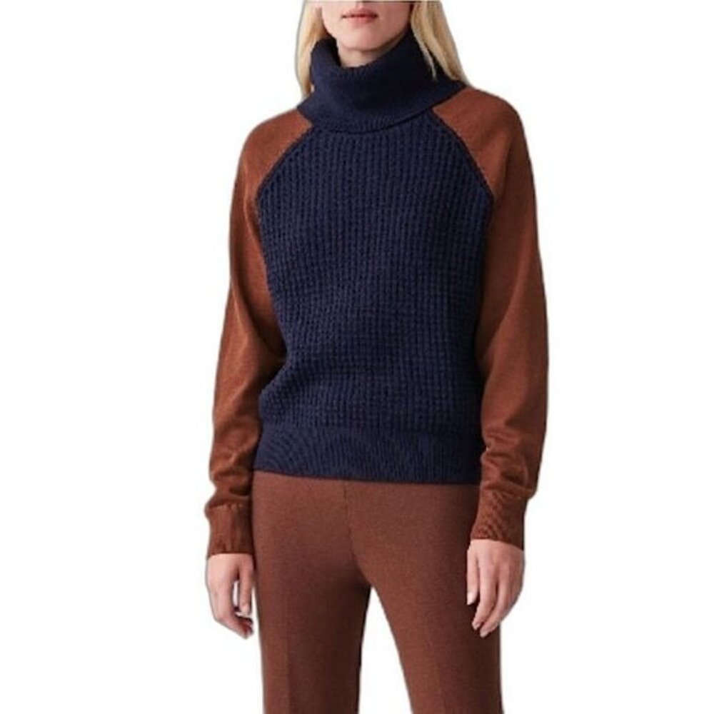 COS Wool Cotton Colorblock Waffle Turtleneck Sweater Navy Blue Rust